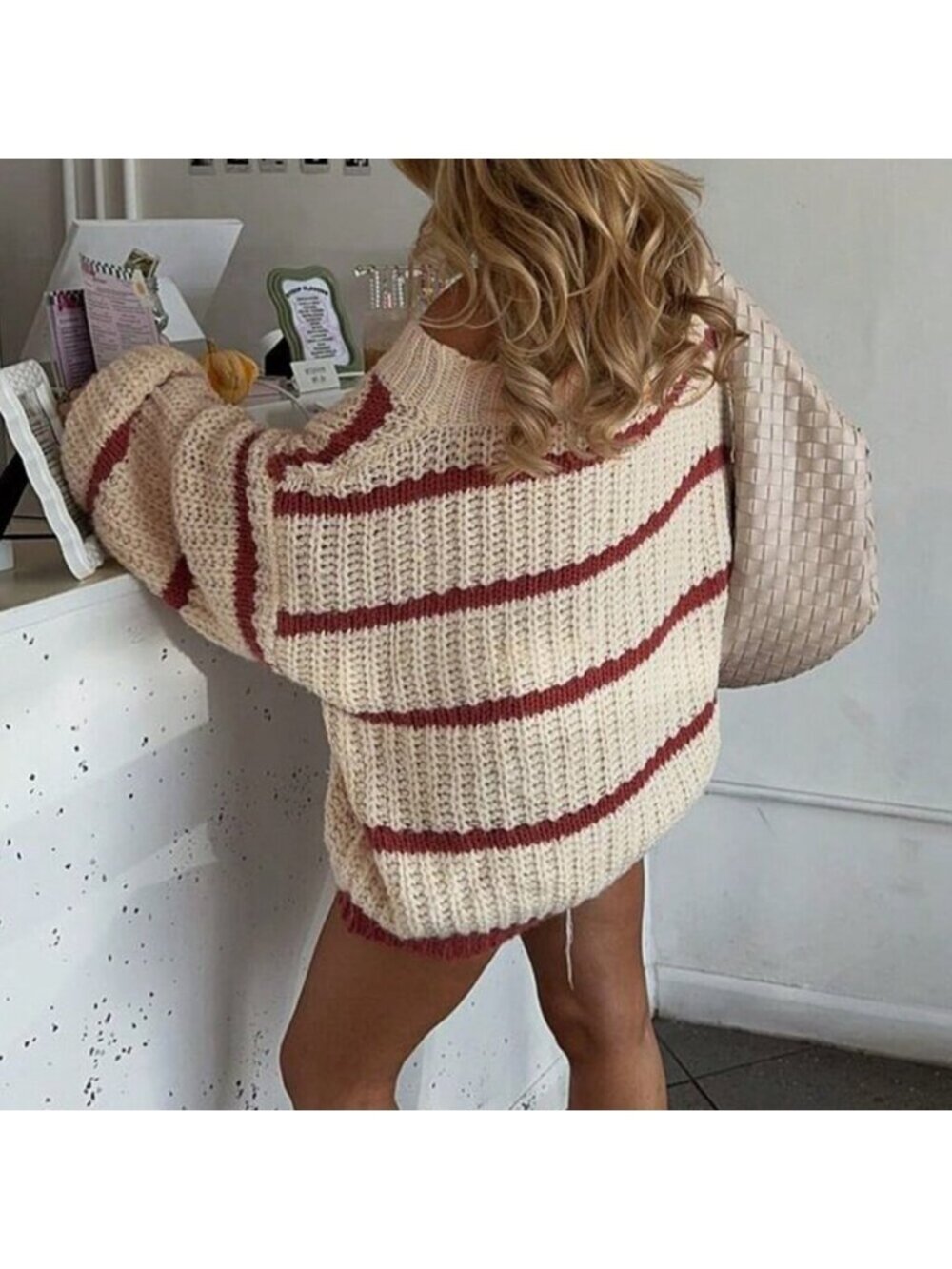 Red And White Casual Colorblock Women's Striped Loose Pullover Sweater - Picture 2 of 11